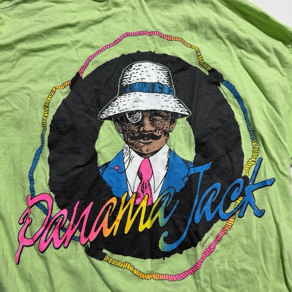 Vintage Panama Jack T-Shirt Large Neon Lime Green Double Sided Mascot Graphic 80